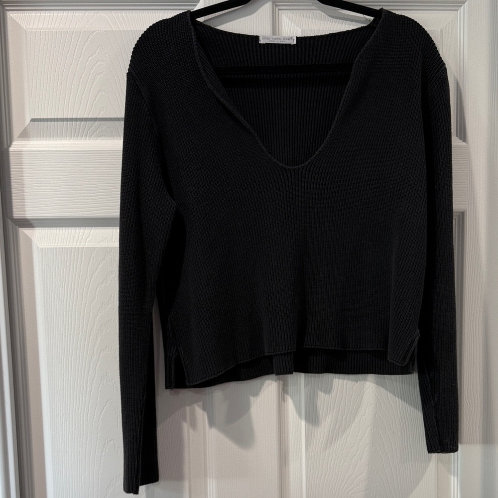 Joan Vass Black Ribbed V-Neck Sweatshirt